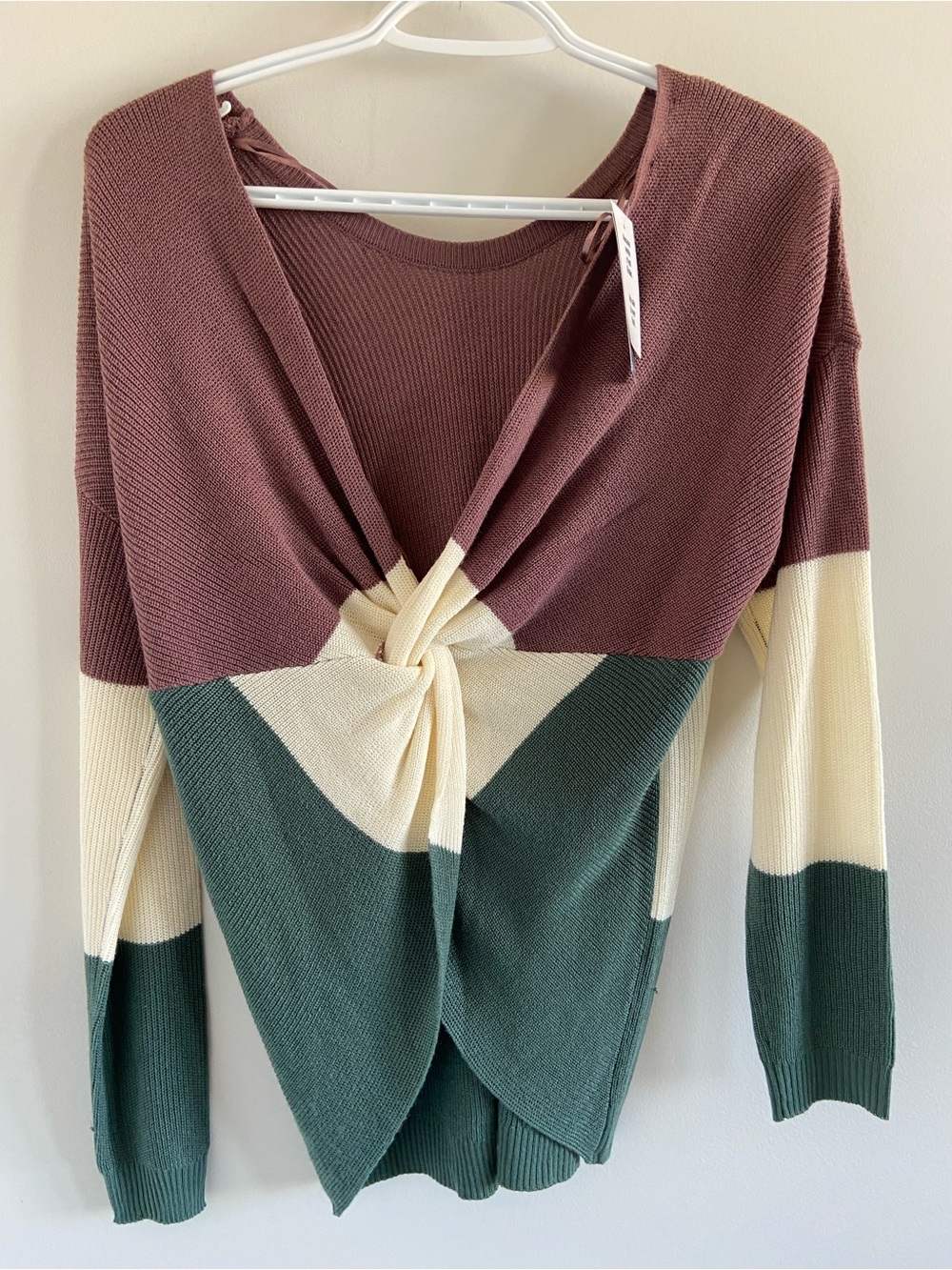 Kismet Twist-Front V-Neck Sweater in Rose, Cream & Forest Green